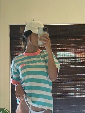 100% cotton Vintage Quiksilver Teal and White Striped Tee with Coral Logo